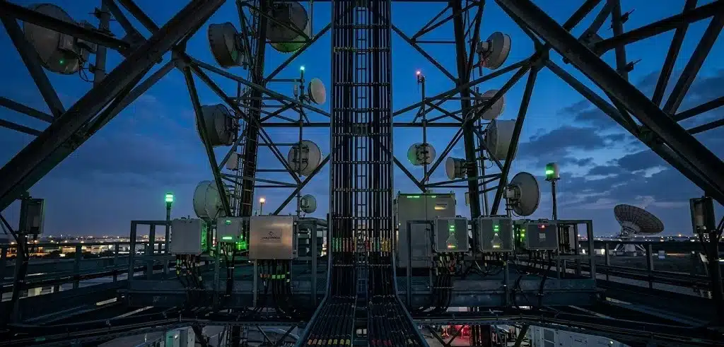 High-capacity communication tower infrastructure at twilight, featuring microwave dish antennas and specialized ICT equipment for low-latency broadcast transmission.
