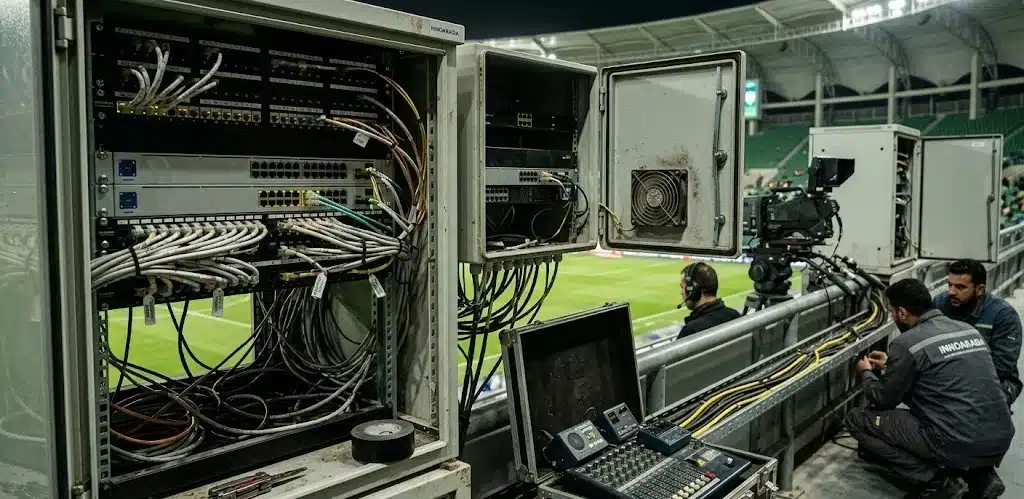 echnical engineers managing stadium broadcast infrastructure during a live match. Features exposed server racks, organized fiber-optic cabling, and pitch-side VAR connectivity for official officiating.