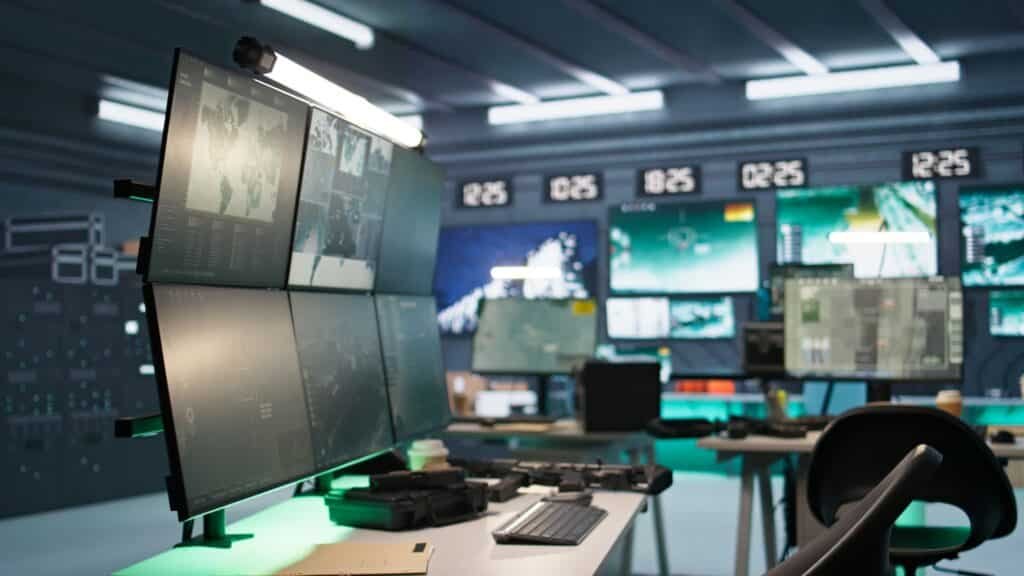 High-tech centralized operations center (NOC) featuring multi-screen video wall, real-time data monitoring workstations, and advanced command and control infrastructure.