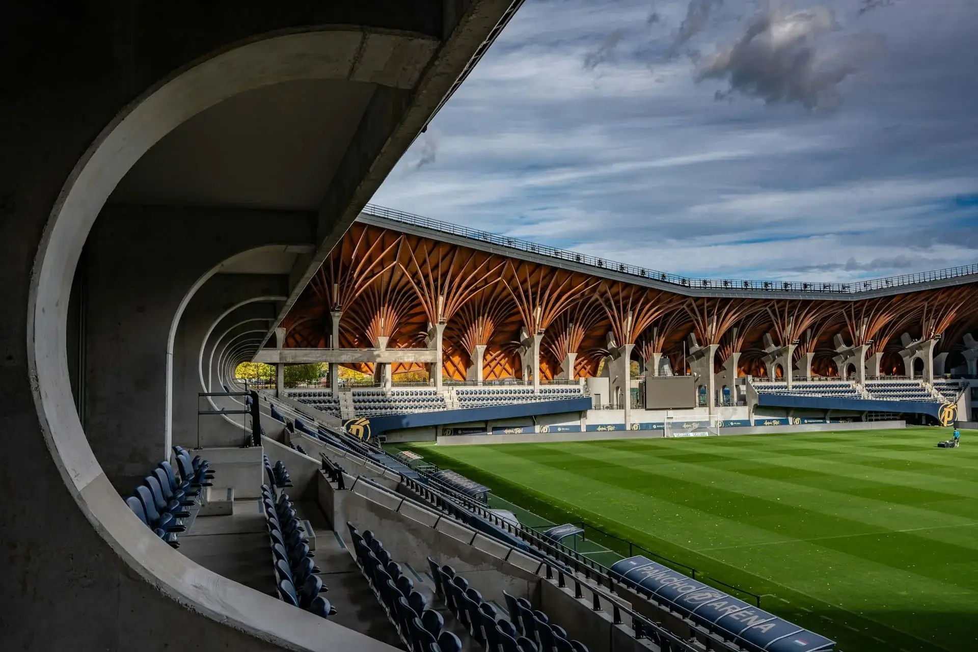 Pancho Aréna interior showcasing unique organic wood architecture and tiered seating, optimized for high-end sports broadcast and technical infrastructure integration.